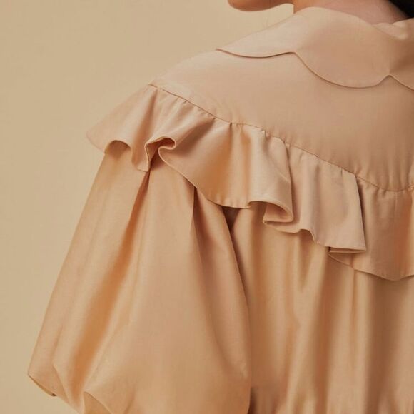 NEW FARM Rio Beige Short Sleeve Mini Dress Ruffle Peter Pan Puffed Size S or M - Picture 5 of 16